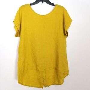 Terzo Millennio 100% linen Top Women Blouse Hi Low Short Sleeve Yellow Summer